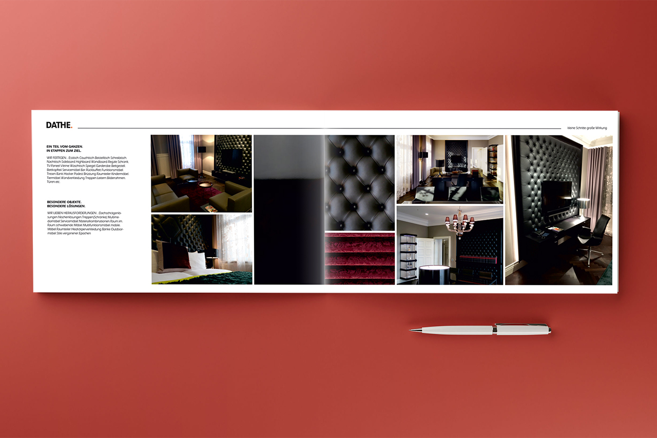Imagebroschüre Imagebroschüre DATHE – Doppelseite mit Interior-Fotografie und Designkonzept, hochwertige Broschürengestaltung