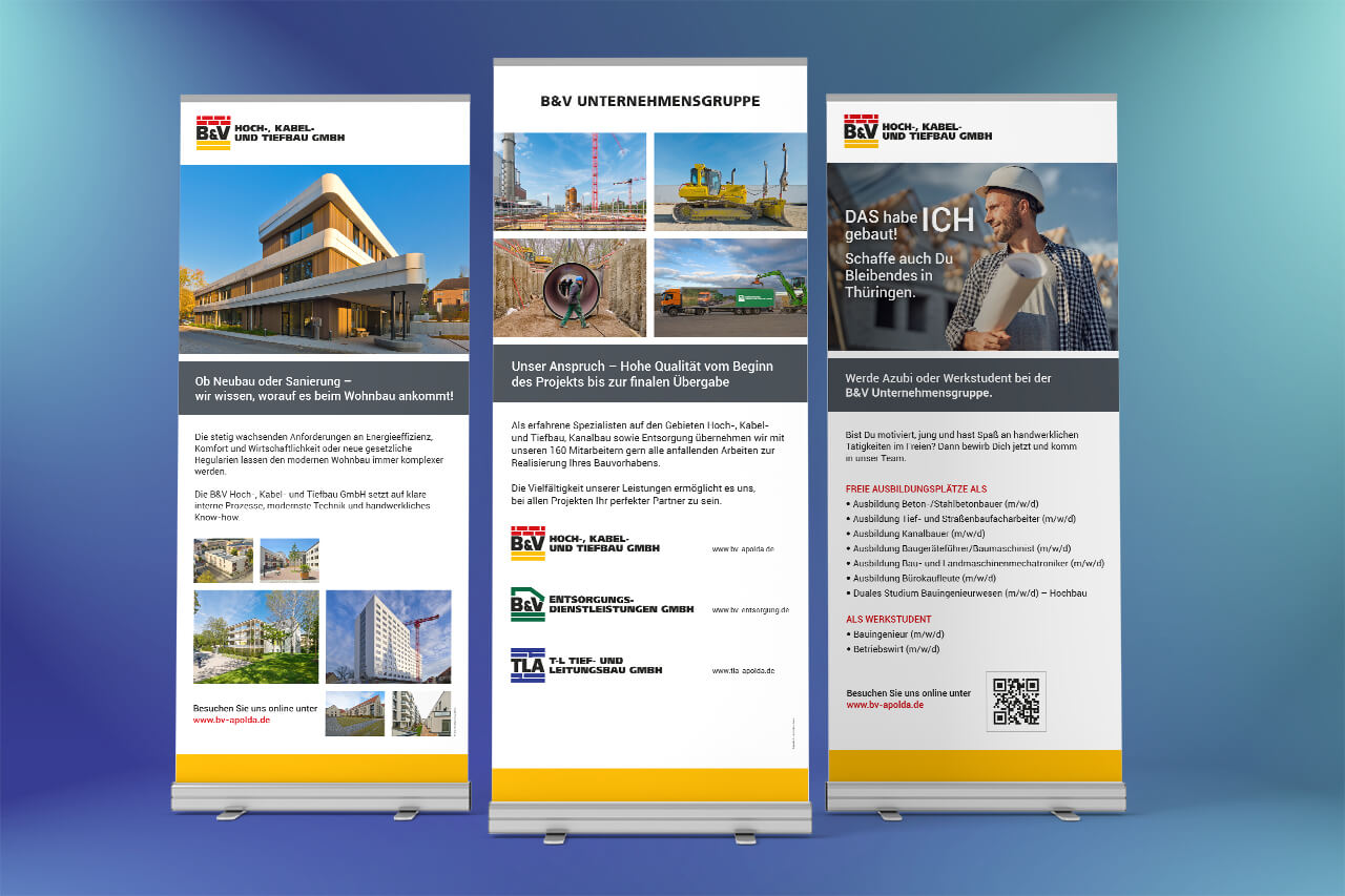 Rollups Roll-up Banner B&V Unternehmensgruppe – drei Aufsteller im Corporate Design für Bauunternehmen, Ausbildung und Karriere