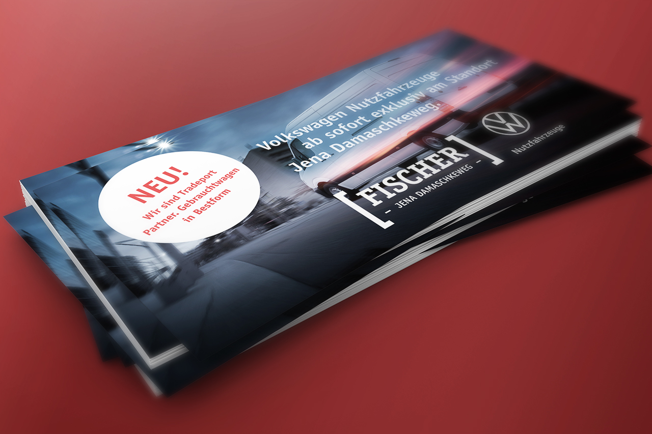 Printmedien Flyer-Design für Autohaus Fischer – Umzugsinfo Volkswagen Nutzfahrzeuge Standort Jena Damaschkeweg