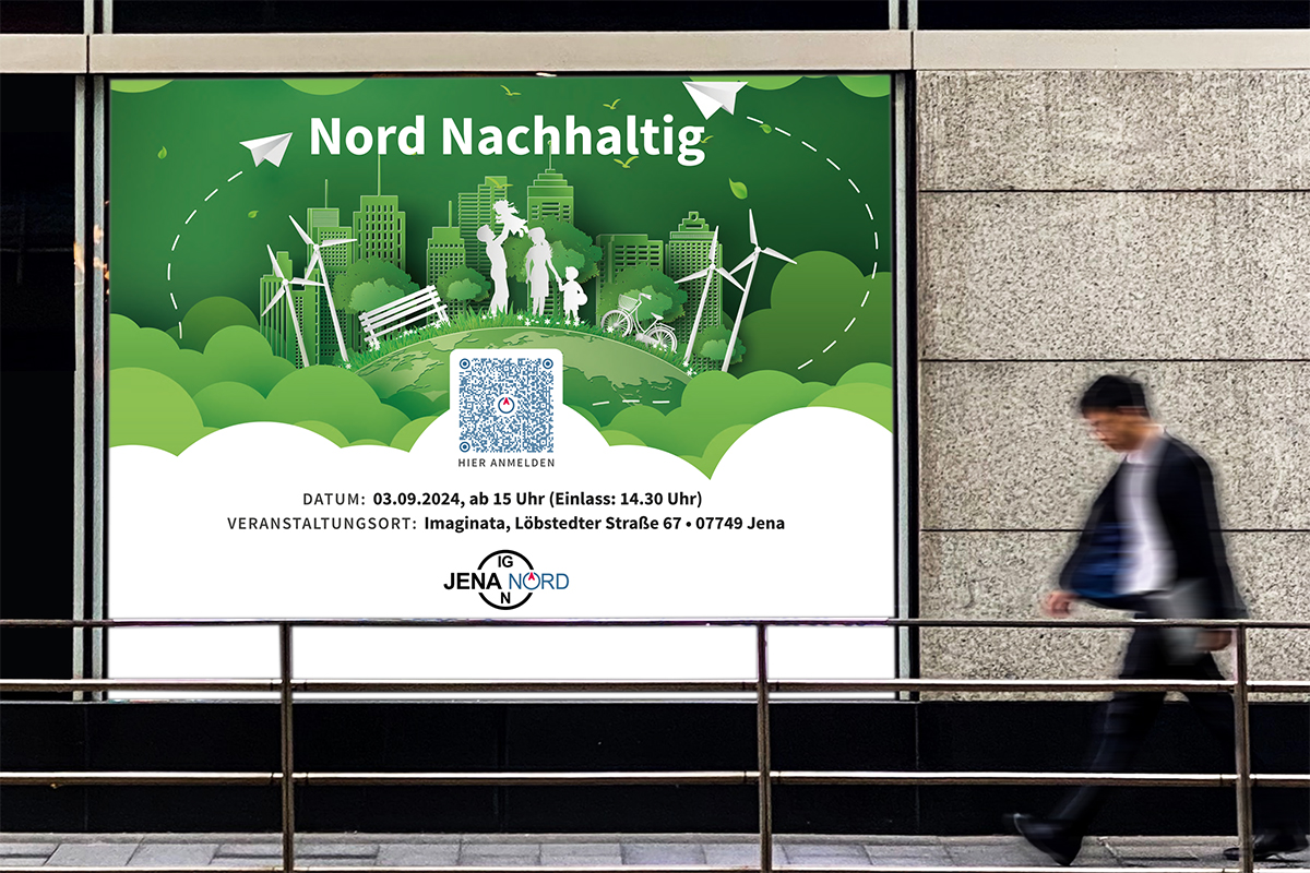 Plakat Plakatgestaltung „Nord Nachhaltig“ (IG Jena Nord) – Eventposter mit QR-Code, City-Icons und Nachhaltigkeitsmotiv