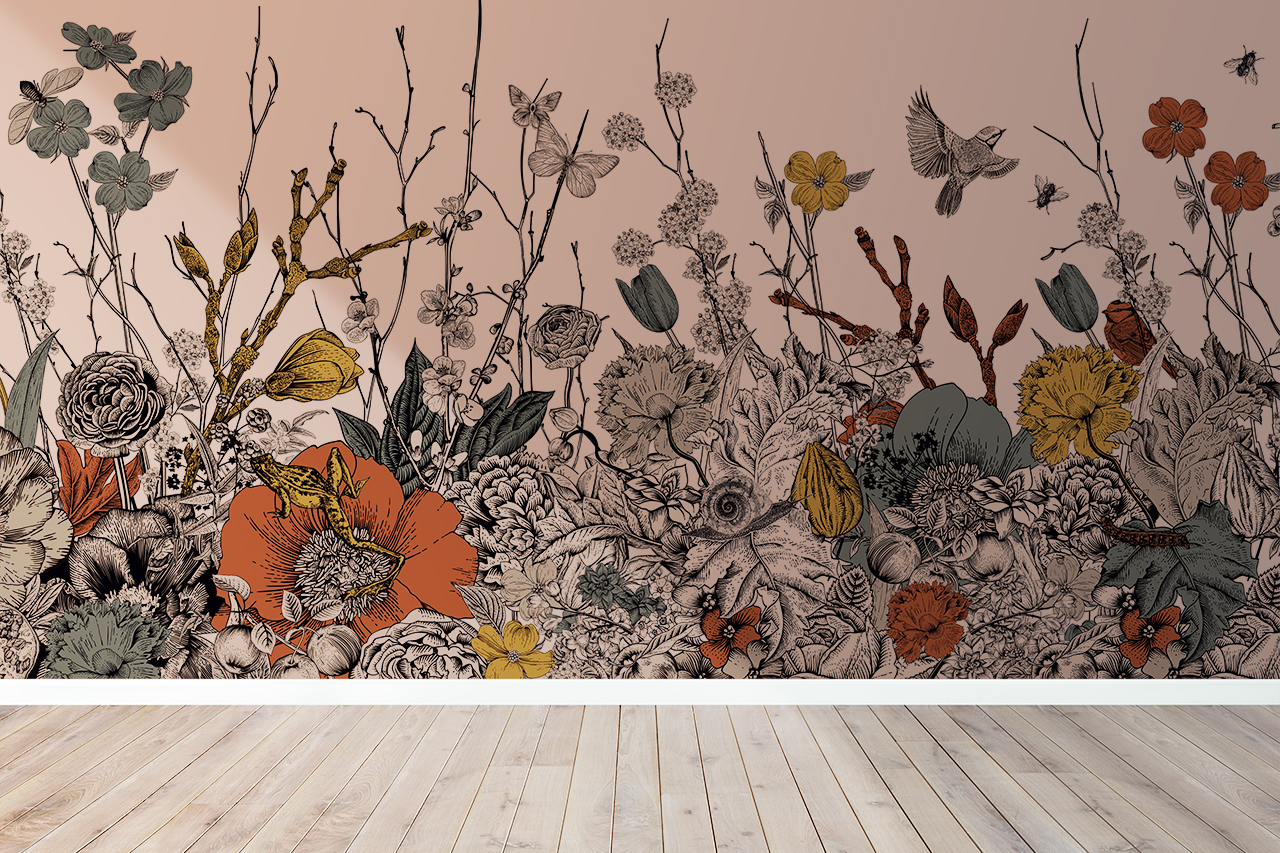 Illustration | Wandgestaltung Illustration & Wandgestaltung: botanische Tapete mit floralen Details, Insekten und Tiermotiven als Interior-Visual