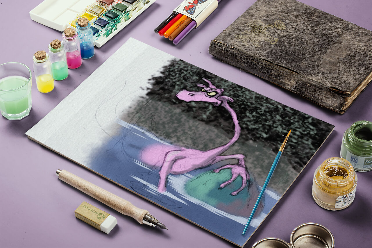 Illustration Character Design: handgezeichnete Aquarell-Illustration eines Drachen – Kreativprozess mit Farben und Skizze