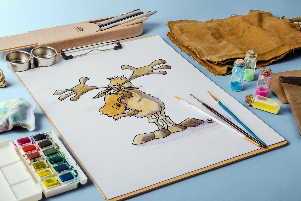 Illustration Illustration: humorvolle Elch-Aquarellzeichnung – Character Design auf Zeichenbrett mit Pinsel und Farben