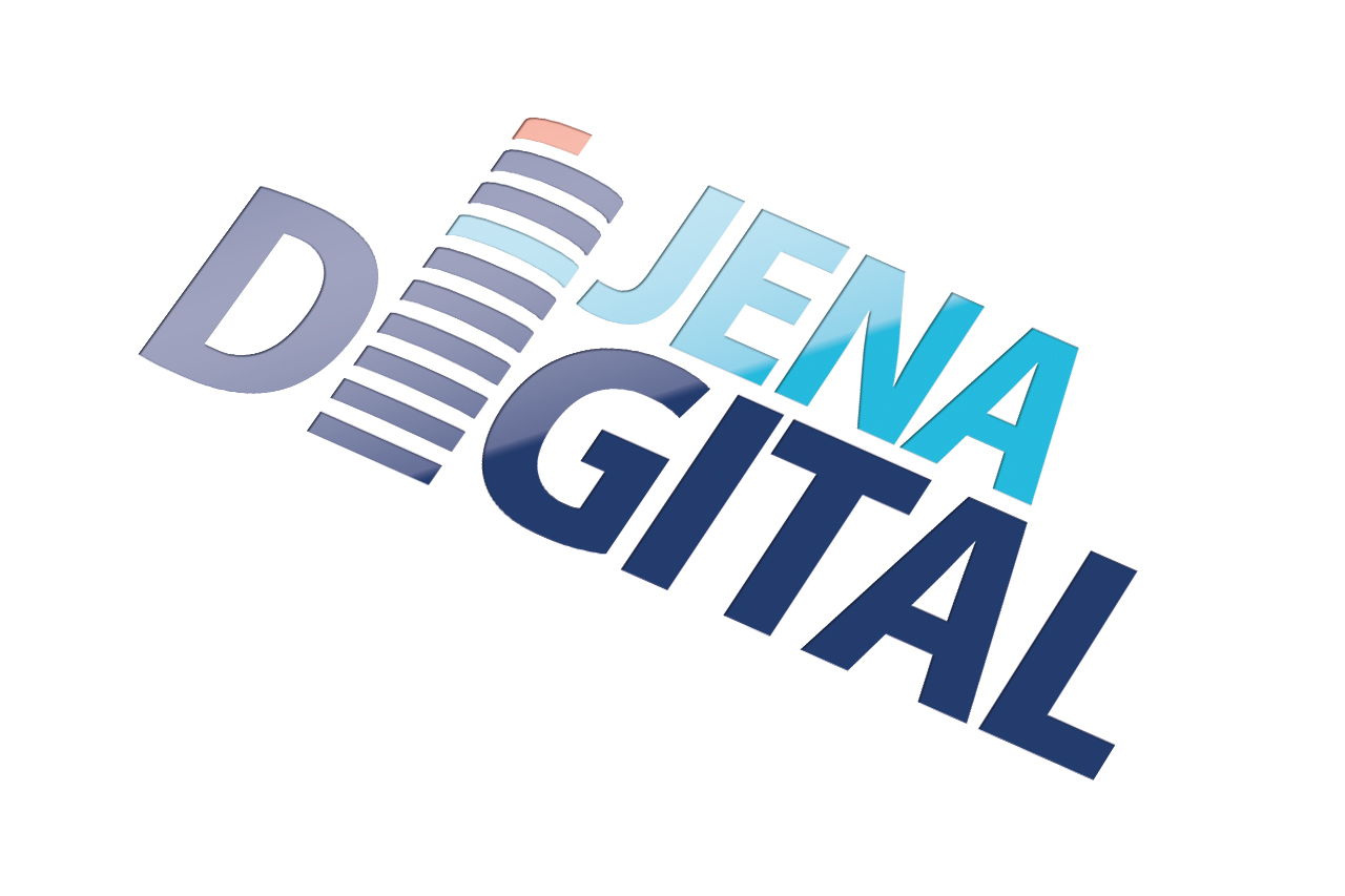 Corporate Design Logo-Design „Jena Digital“ – moderne Wortmarke mit grafischem Icon in Blau für Digital-/Tech-Marke