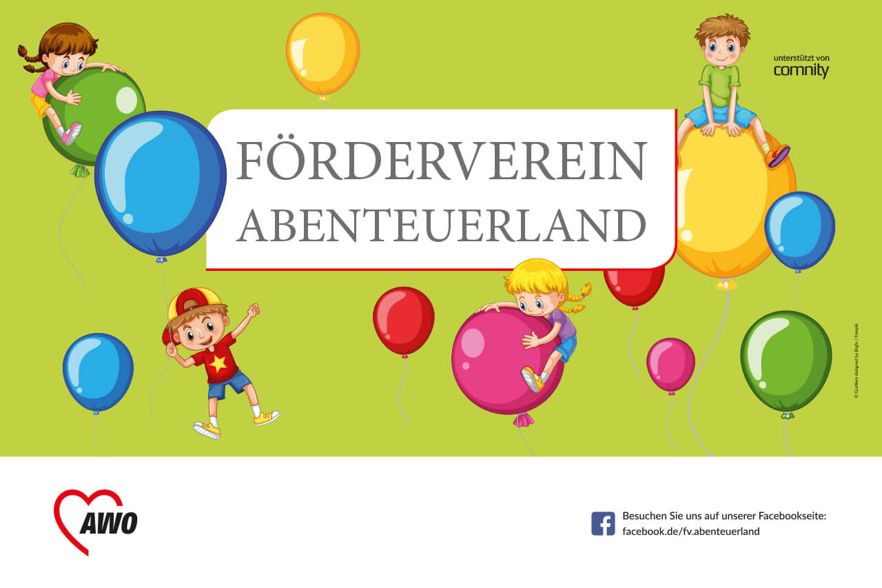 Außenwerbung Banner-Design Förderverein Abenteuerland (AWO) – farbenfrohe Illustration mit Kindern und Ballons