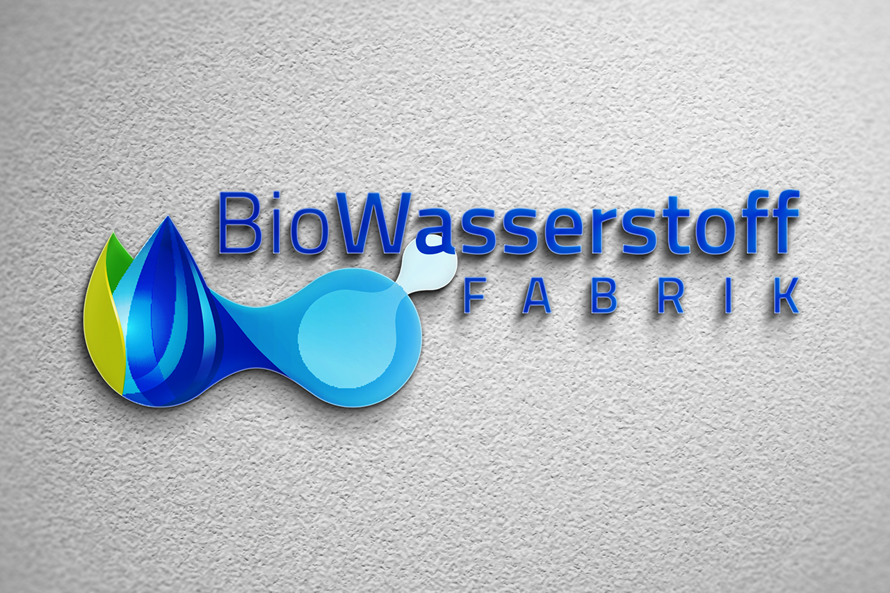Wort-Bild-Marke Logoentwicklung BioWasserstoff Fabrik – 3D-Logo mit Tropfen- und H2-Symbol im Corporate Design