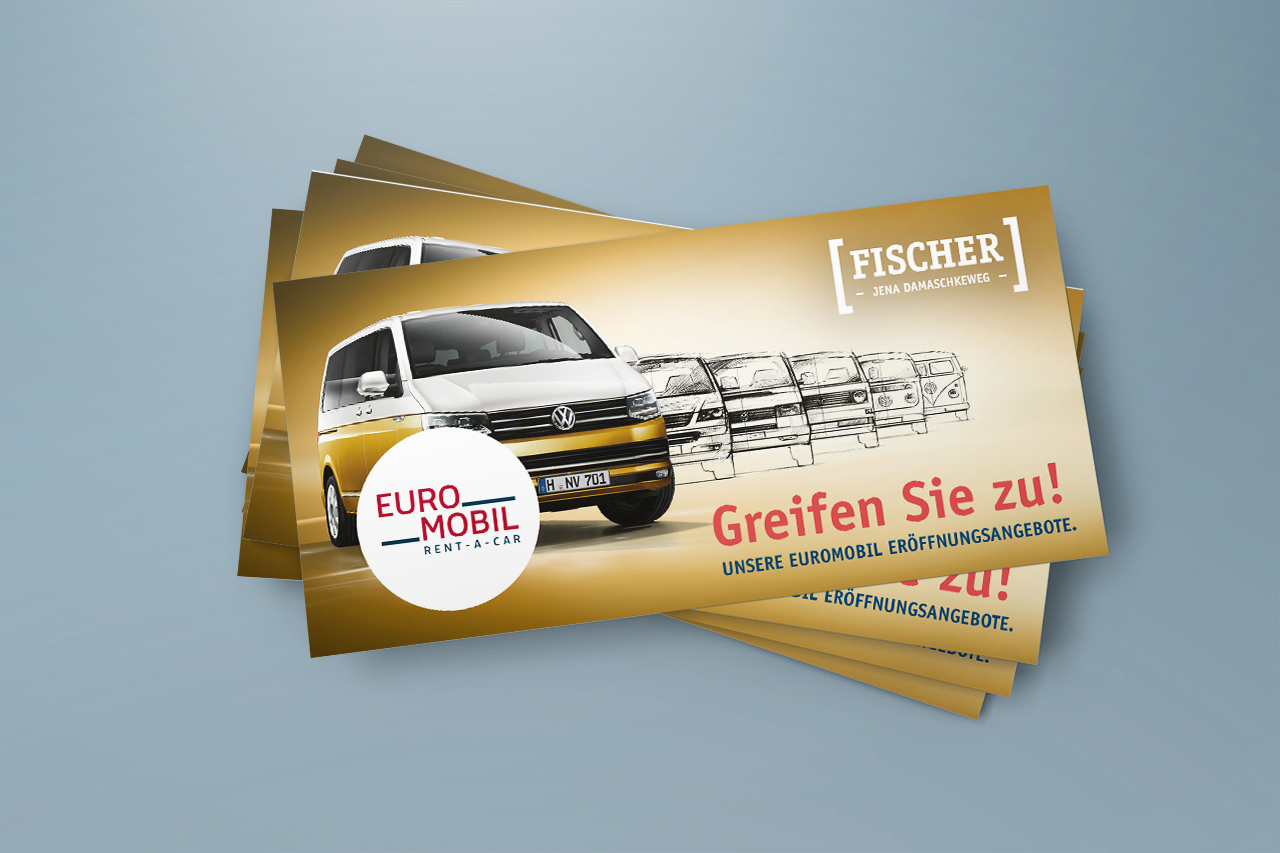 Werbemittel Flyer-Design Euromobil Rent-a-Car – Eröffnungsangebote für Autohaus Fischer Jena