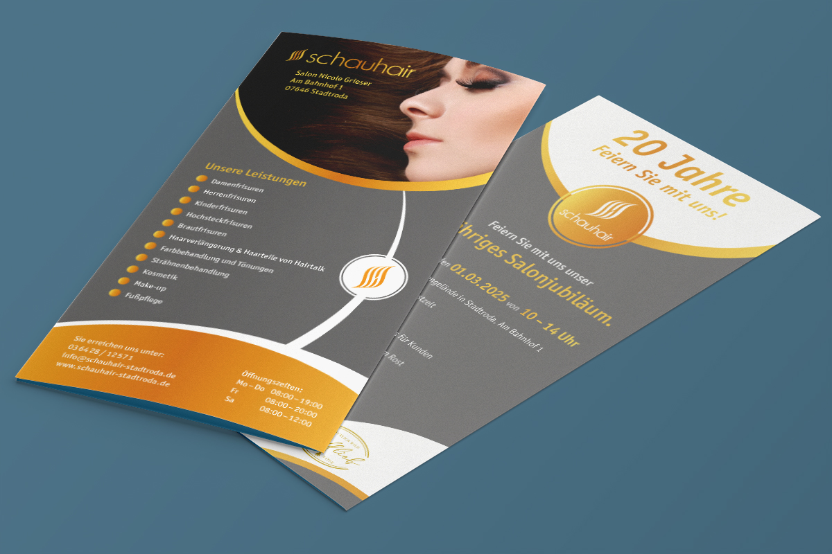 Jubiläumsflyer Flyer Gestaltung für Friseursalon schauhair – 20 Jahre Jubiläum und Leistungsübersicht