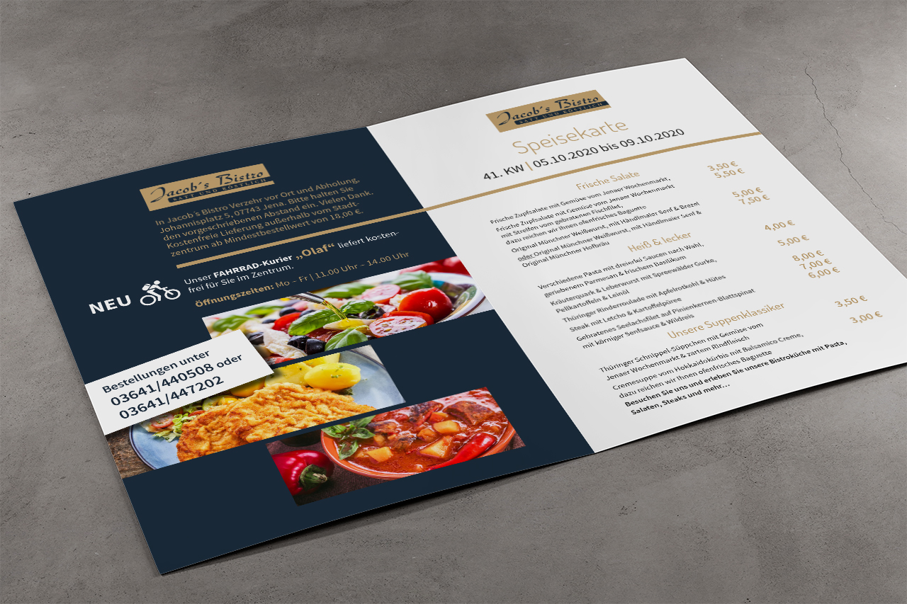 Speisekarte Speisekarte für Jacob’s Bistro – Printdesign mit Wochenkarte, Öffnungszeiten und Food-Fotos