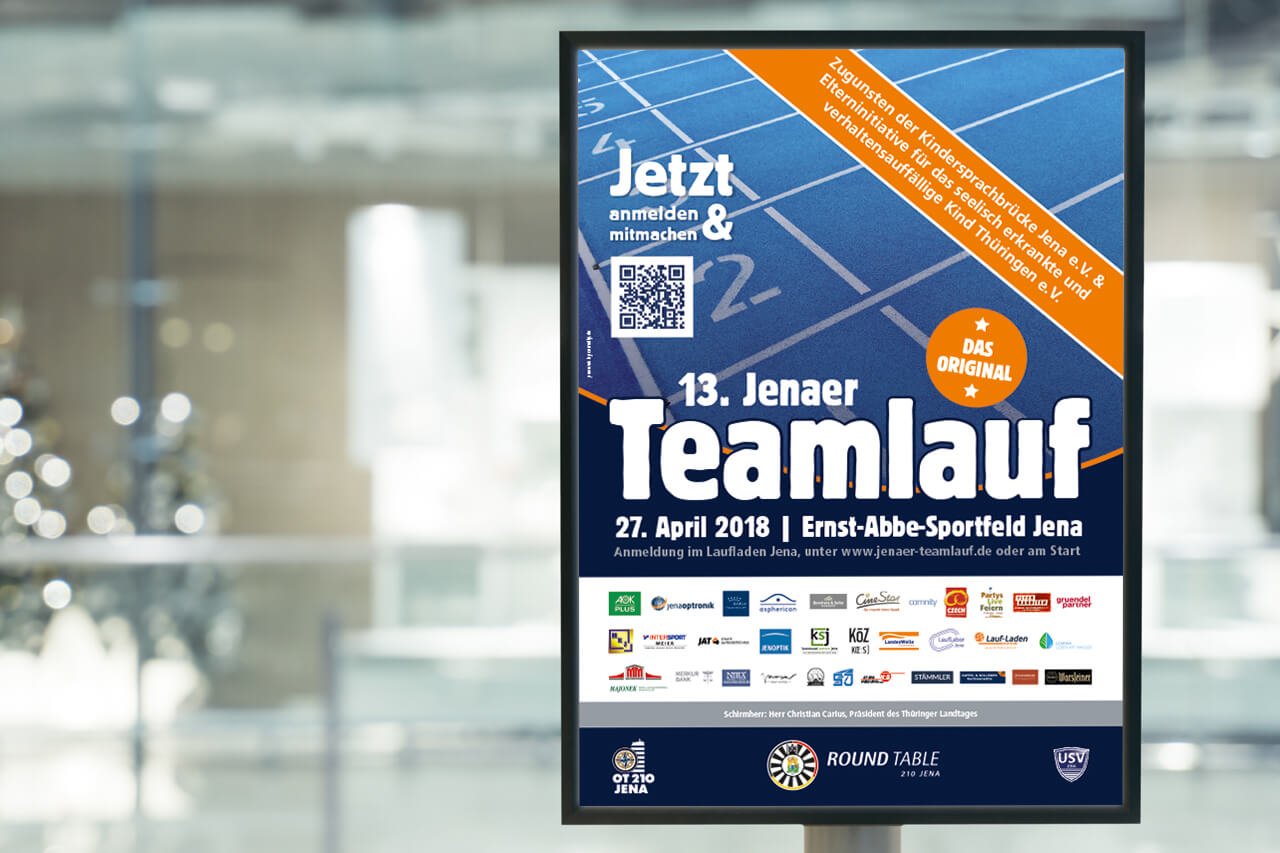 Außenwerbung Plakatdesign „13. Jenaer Teamlauf“ – Sportevent-Poster mit QR-Code und Sponsorenlogos